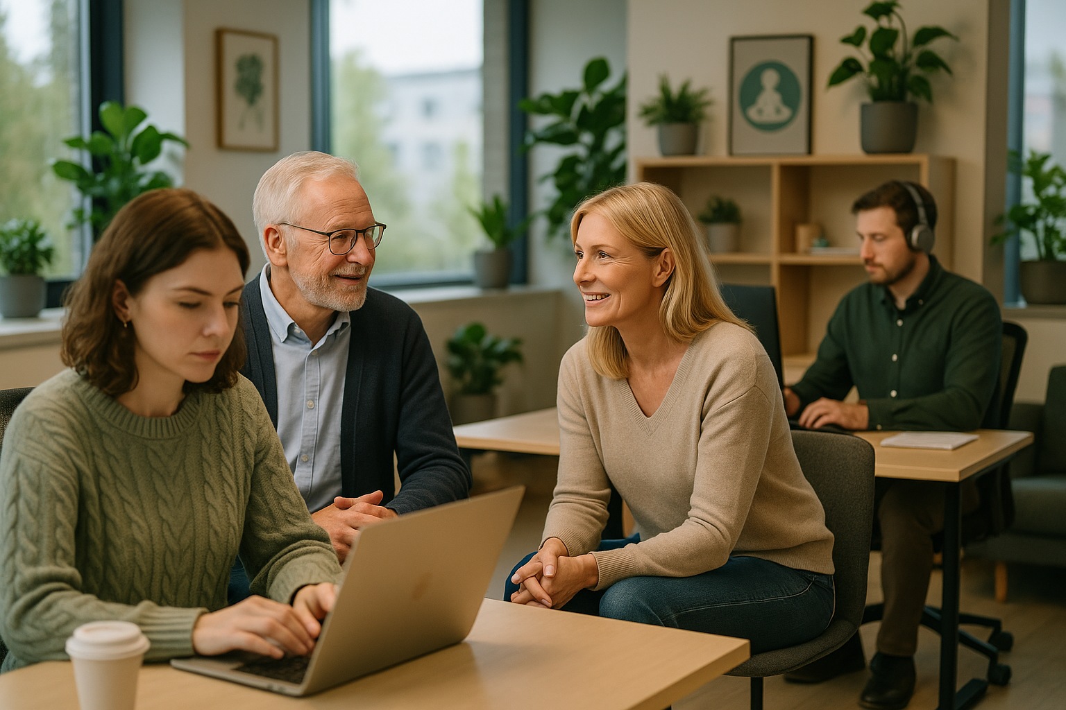 Norwegian office with employees talking and working, green plants and calm zones for mental health.