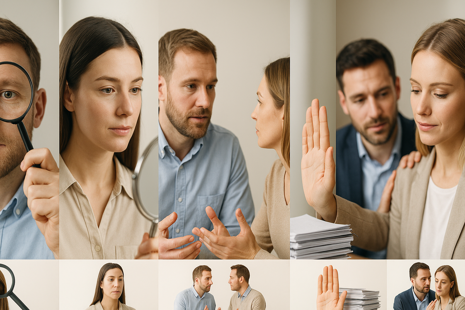 Five icons illustrating awareness, self-reflection, communication, boundaries and support at work.