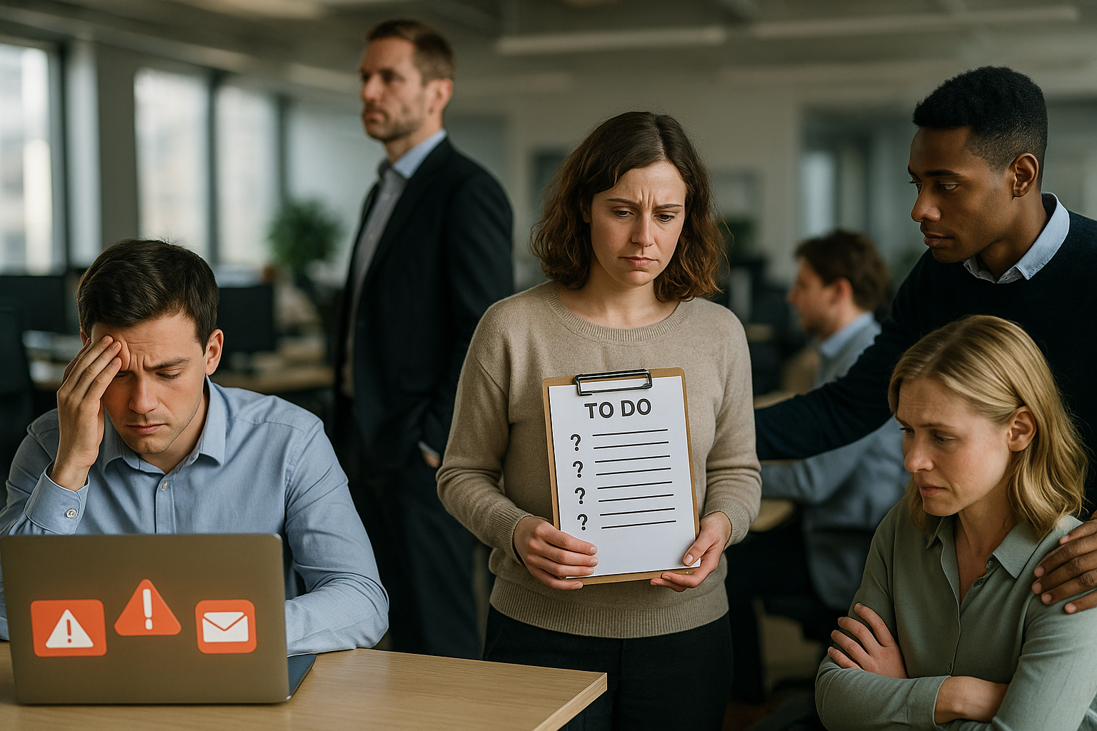 Illustration of stressed and confused employees in open office, highlighting psychosocial challenges.